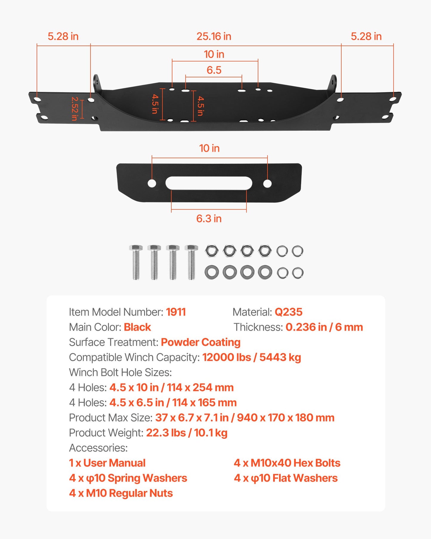 Seilwindenhalterung, Zugkraft 5443 kg (12000 lbs), Anhängerkupplungs-Seilwindenhalterung für ausgewählte Jeep Wrangler JL/JLU &amp; Gladiator JT Modelle (2018–2023), 2-Loch-Befestigung, pulverbeschichteter Stahl, schwarz
