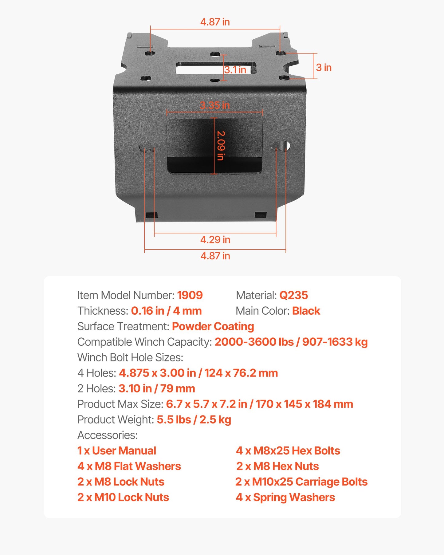 Seilwindenhalterung, Zugkraft 907–1633 kg, Anhängerkupplungs-Seilwindenhalterung für ausgewählte Polaris Sportsman Modelle (ab 2009), 2-Loch-Befestigung, pulverbeschichteter Stahl, geeignet für Wüstenrettung