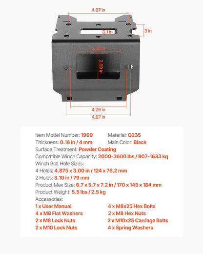 Seilwindenhalterung, Zugkraft 907–1633 kg, Anhängerkupplungs-Seilwindenhalterung für ausgewählte Polaris Sportsman Modelle (ab 2009), 2-Loch-Befestigung, pulverbeschichteter Stahl, geeignet für Wüstenrettung