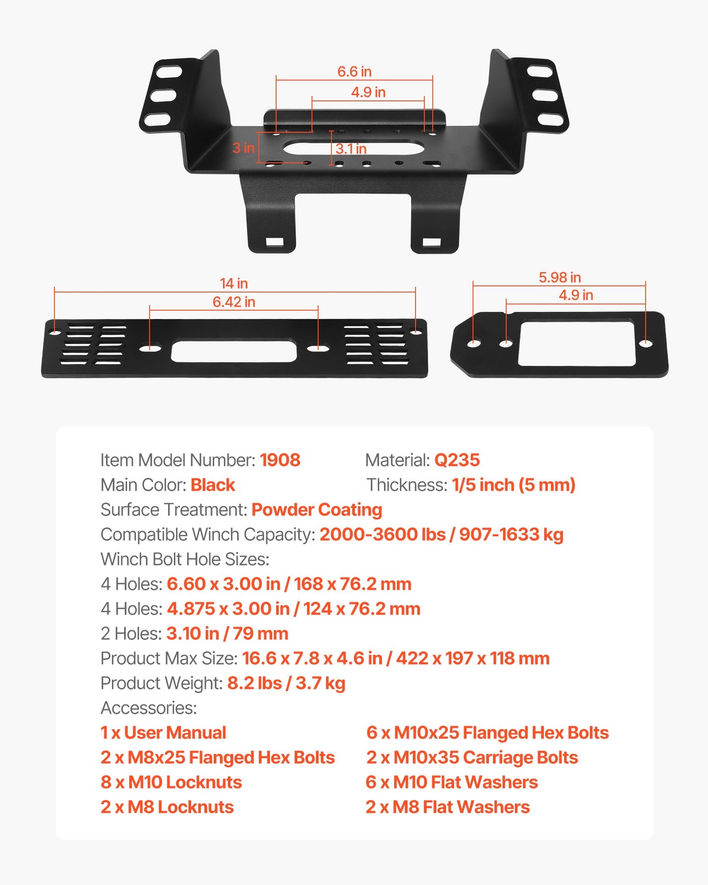 Seilwindenhalterung, Zugkraft 907–1633 kg, Anhängerkupplungs-Seilwindenhalterung für ausgewählte Polaris Ranger Modelle (2010–2021), 3-Loch-Befestigung, pulverbeschichteter Stahl, geeignet für Bergungsarbeiten auf unbefestigten Straßen