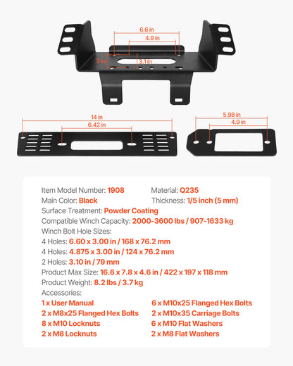 Seilwindenhalterung, Zugkraft 907–1633 kg, Anhängerkupplungs-Seilwindenhalterung für ausgewählte Polaris Ranger Modelle (2010–2021), 3-Loch-Befestigung, pulverbeschichteter Stahl, geeignet für Bergungsarbeiten auf unbefestigten Straßen