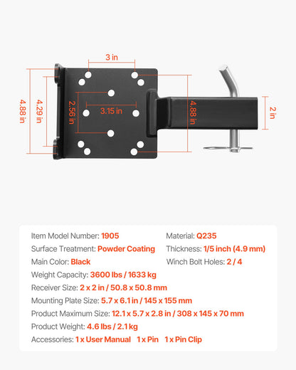 Seilwindenhalterung, Tragfähigkeit 1633 kg (3600 lbs), Anhängerkupplungs-Seilwindenhalterung mit 50,8-mm-Aufnahme, 2/4-Zoll-Seilwindenbolzenlöcher, pulverbeschichteter Stahl, geeignet für ATV, UTV und Pickup-Truck, Schwarz