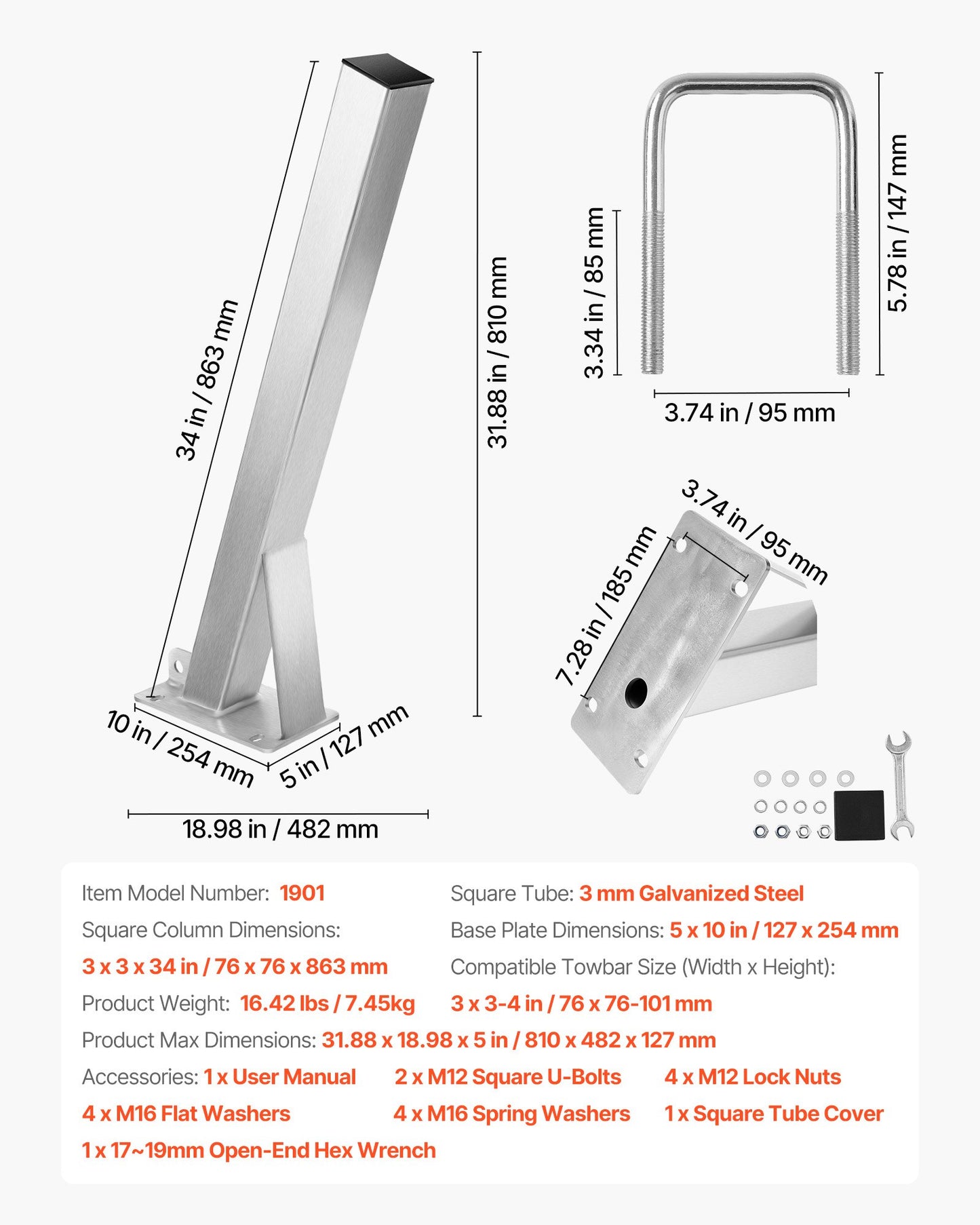 Boat Trailer Winch Stand, 76 x 76 x 863 mm Winch Posts, Boat Winch Mount with U-Bolts for 76 mm W x 76-101 mm H Trailer Tongue, Galvanized, Fit for Jet Ski, Sailboat, Fishing Boat, Speedboat