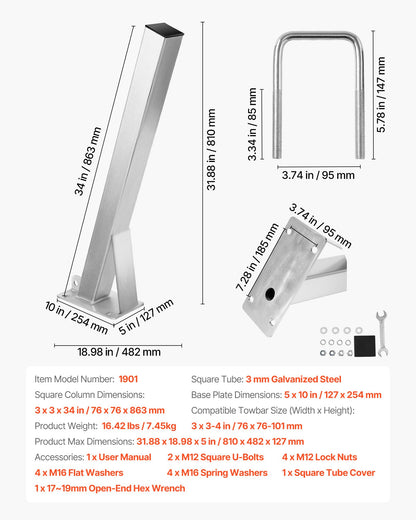 Boat Trailer Winch Stand, 76 x 76 x 863 mm Winch Posts, Boat Winch Mount with U-Bolts for 76 mm W x 76-101 mm H Trailer Tongue, Galvanized, Fit for Jet Ski, Sailboat, Fishing Boat, Speedboat