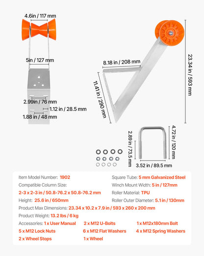 Boat Trailer Winch Stand, 50.8-76.2 mm Winch Posts, Boat Trailer Winch Seat with TPU Orange Roller & U-Bolts, Suitable for Jet Ski, Sailboat, Fishing Boat, Speedboat (Galvanized), Silver