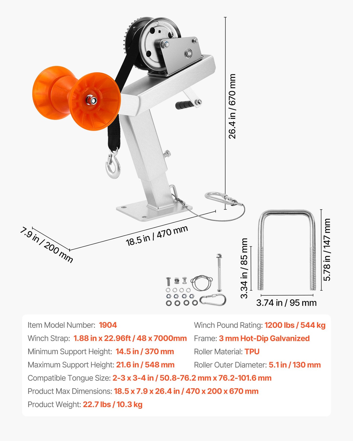 Boat Trailer Winch Stand with Roller, 544 kg Winch & 51 mm x 7.6 m Winch Strap, Boat Winch Mount with U-Bolt for 50.8-76.2 mm W x 76.2-101.6 mm H Trailer Tongue, Fit for Jet Ski, Sailboat, Speedboat