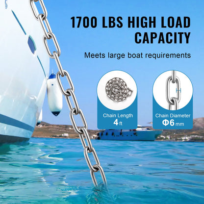 Boat Anchor Chain, 1/4" x 4', 1700 lbs. WLL/4800 lbs. BS, 316 Stainless Steel Marine Grade Anchor Lead Chain with Dual Lock Ring Shackles for Boats, Deck, Fishing, Works with Different Anchors