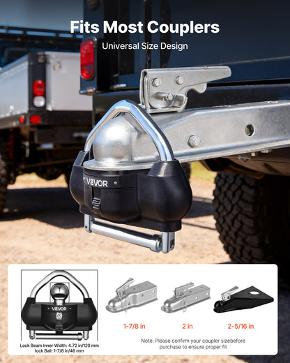 Trailer Hitch Lock, Fits for 46 mm, 50.8 mm, 58.7 mm Couplers, Heavy-Duty Anti-Theft Trailer Ball Lock with 3 Keys, Prying-Resistant, Adjustable Height Design for RVs, Boats, Trailers, Black