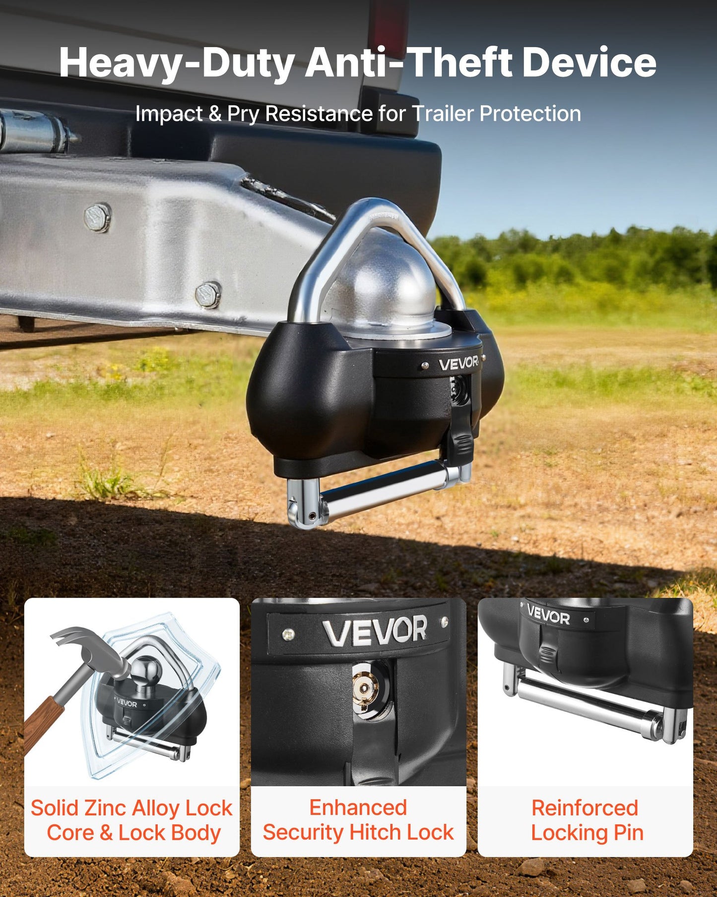 Trailer Hitch Lock, Fits for 46 mm, 50.8 mm, 58.7 mm Couplers, Heavy-Duty Anti-Theft Trailer Ball Lock with 3 Keys, Prying-Resistant, Adjustable Height Design for RVs, Boats, Trailers, Black