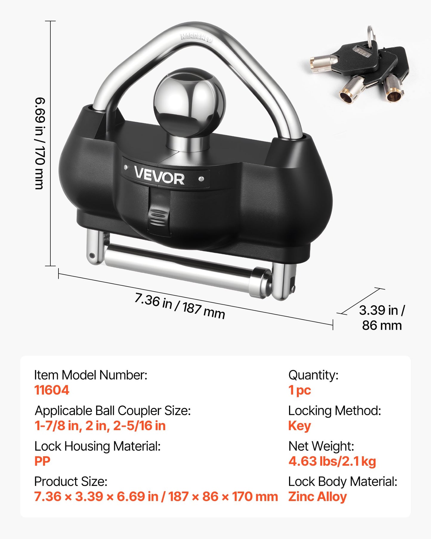 Trailer Hitch Lock, Fits for 46 mm, 50.8 mm, 58.7 mm Couplers, Heavy-Duty Anti-Theft Trailer Ball Lock with 3 Keys, Prying-Resistant, Adjustable Height Design for RVs, Boats, Trailers, Black