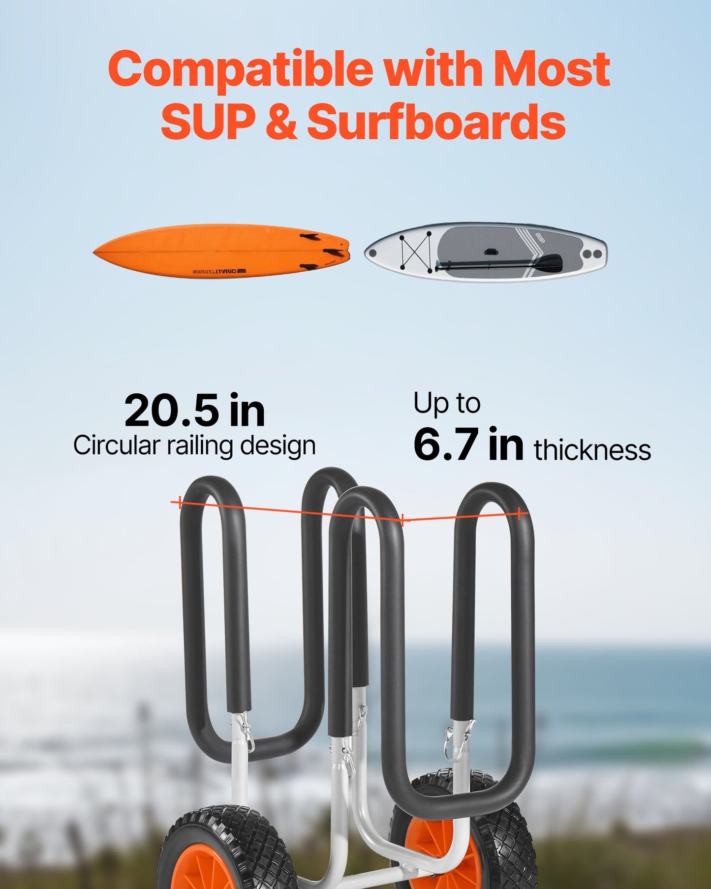 Kayak Cart, 68.0 kg Load Capacity, Stand Up Paddle Board Trolley with 25.4 cm Solid Rubber Tires & Kickstands, Paddle Board Carrier with Ratchet Strap for Paddleboard & Surfboard Transport