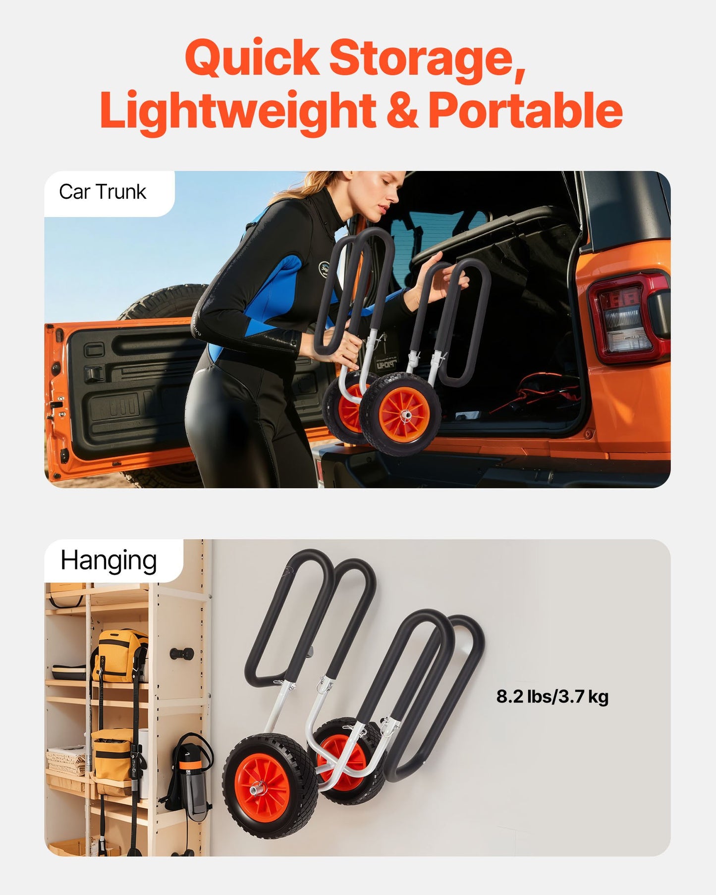 Kayak Cart, 68.0 kg Load Capacity, Stand Up Paddle Board Trolley with 25.4 cm Solid Rubber Tires & Kickstands, Paddle Board Carrier with Ratchet Strap for Paddleboard & Surfboard Transport