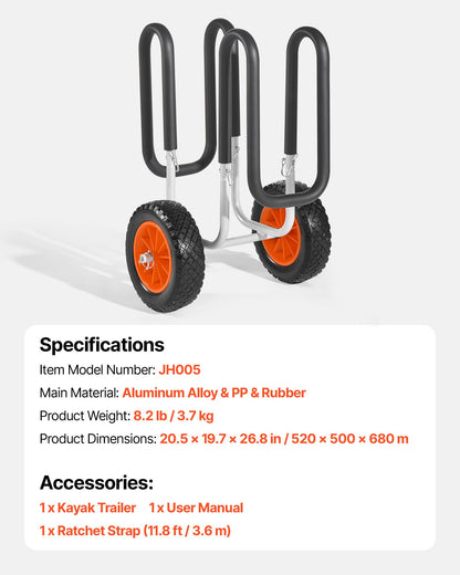 Kayak Cart, 68.0 kg Load Capacity, Stand Up Paddle Board Trolley with 25.4 cm Solid Rubber Tires & Kickstands, Paddle Board Carrier with Ratchet Strap for Paddleboard & Surfboard Transport