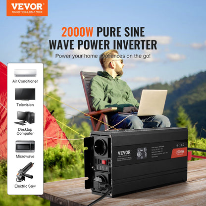 Pure Sine Wave Inverter, 2000 Watt, DC 12V to AC 230V Power Inverter with 2 AC Outlets 2 USB Port 1 Type-C Port, LCD Display and Remote Controller for Medium-Sized Household Equipment, CE FCC
