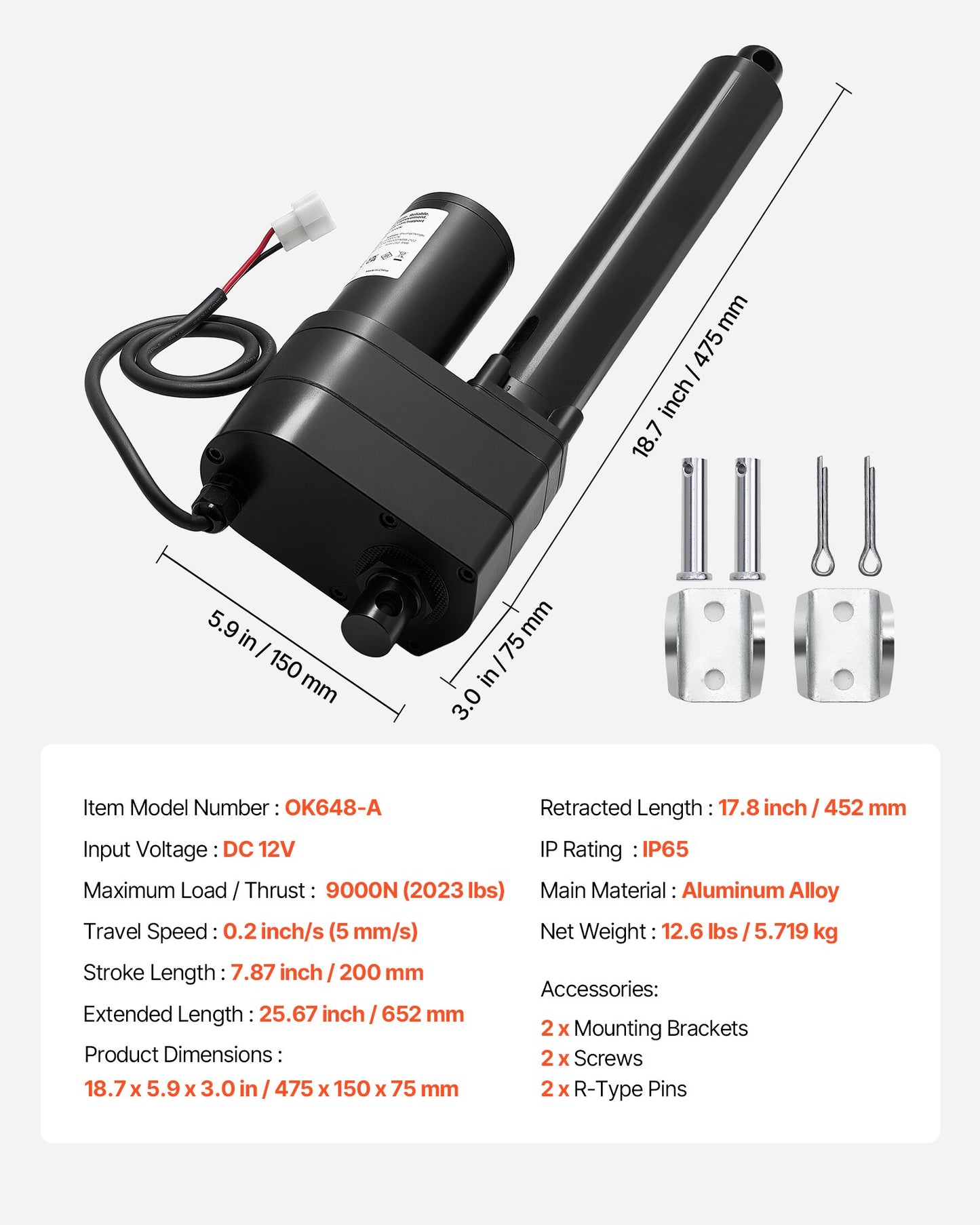 12V Linear Actuator, 200mm Stroke Ultra Heavy-Duty 9000N Linear Motion Actuator, IP65-Rated 5mm/s with Mounting Brackets for Industrial Machinery Vessels, Heavy Lifting Systems