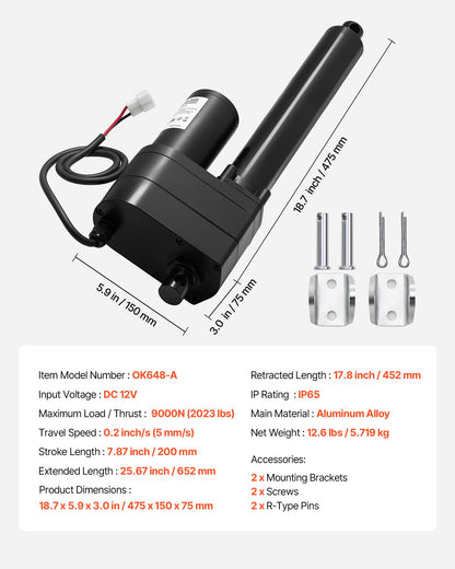 12V Linear Actuator, 200mm Stroke Ultra Heavy-Duty 9000N Linear Motion Actuator, IP65-Rated 5mm/s with Mounting Brackets for Industrial Machinery Vessels, Heavy Lifting Systems