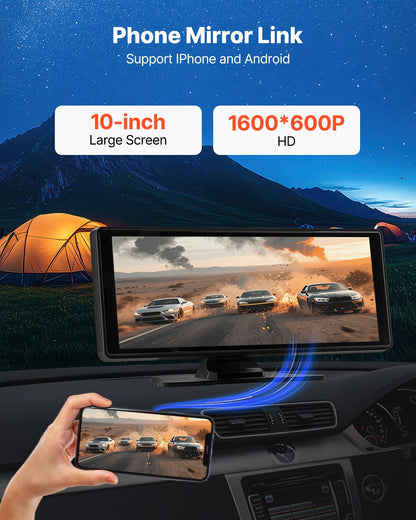 Wireless Car Stereo, 254 mm HD Portable Radio Touch Screen Compatible with Apple CarPlay and Android Auto, CarPlay Screen for Car with Voice Control, Mirror Link, Bluetooth, and GPS Navigation