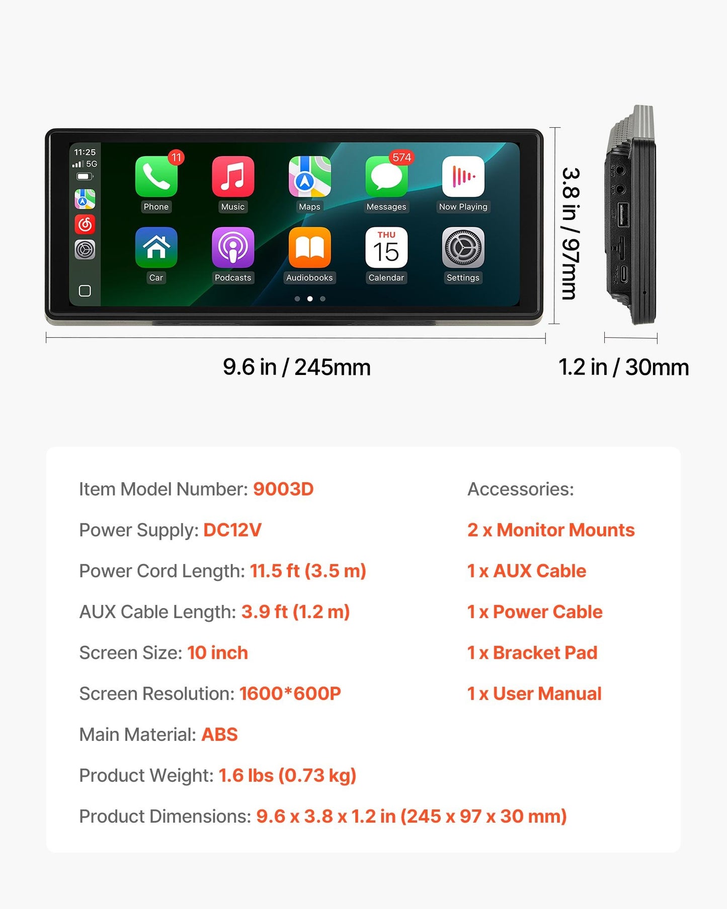 Wireless Car Stereo, 254 mm HD Portable Radio Touch Screen Compatible with Apple CarPlay and Android Auto, CarPlay Screen for Car with Voice Control, Mirror Link, Bluetooth, and GPS Navigation