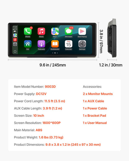 Wireless Car Stereo, 254 mm HD Portable Radio Touch Screen Compatible with Apple CarPlay and Android Auto, CarPlay Screen for Car with Voice Control, Mirror Link, Bluetooth, and GPS Navigation