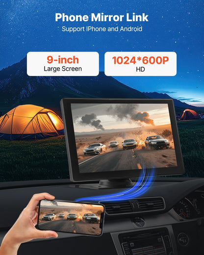 Wireless Car Stereo, 228.6mm HD Portable Radio Touch Screen Compatible with Apple CarPlay & Android Auto, CarPlay Screen with Backup Camera, Voice Control, Mirror Link, Bluetooth, GPS Navigation