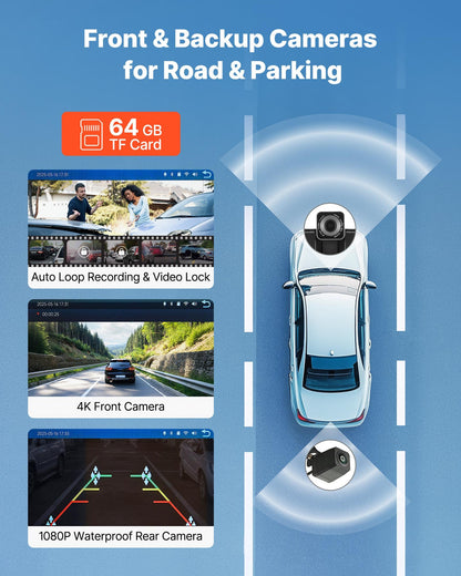 Wireless Car Stereo, 228.6mm HD Portable Radio Touch Screen with Apple CarPlay and Android Auto, CarPlay Screen with Front & Backup Cameras, Voice Control, Mirror Link, Bluetooth, GPS Navigation