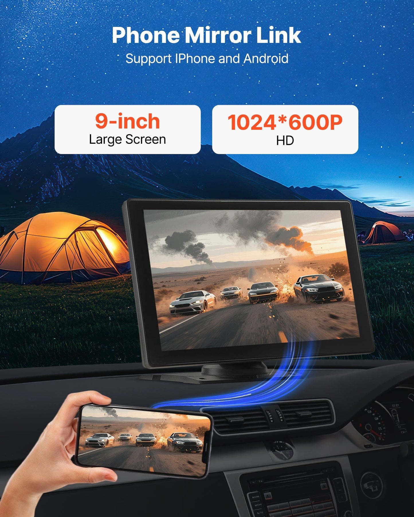 Wireless Car Stereo, 228.6mm HD Portable Radio Touch Screen with Apple CarPlay and Android Auto, CarPlay Screen with Front & Backup Cameras, Voice Control, Mirror Link, Bluetooth, GPS Navigation