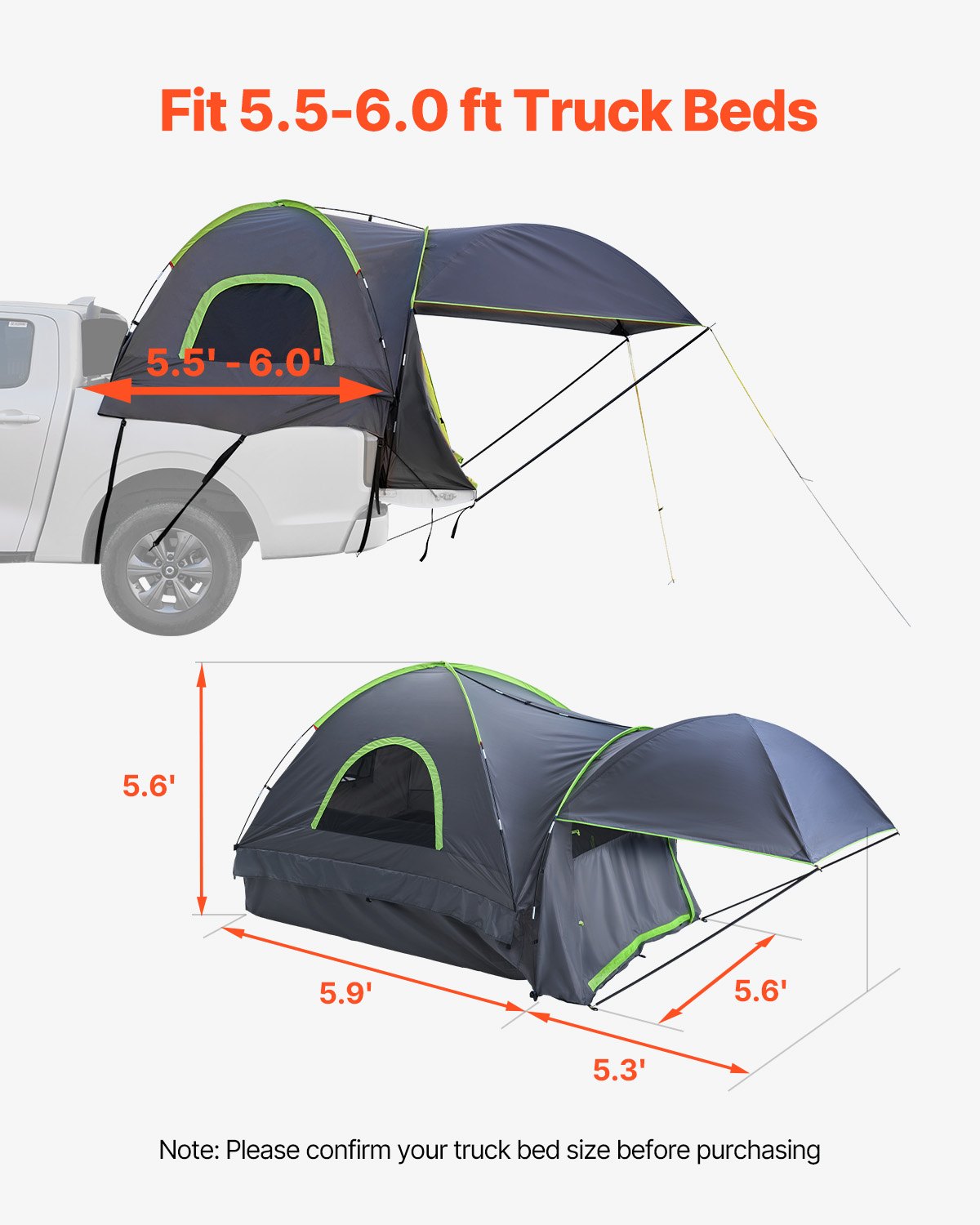 Pickup Truck Tent, Fits 5.5-6.0 ft Truck Tents for Camping, Waterproof PU2000 mm 2-3 Person Sleeping Truck Bed Tent, Sturdy Truck Bed Camper Shell with Expandable Awning, Rainfly, Storage Bag