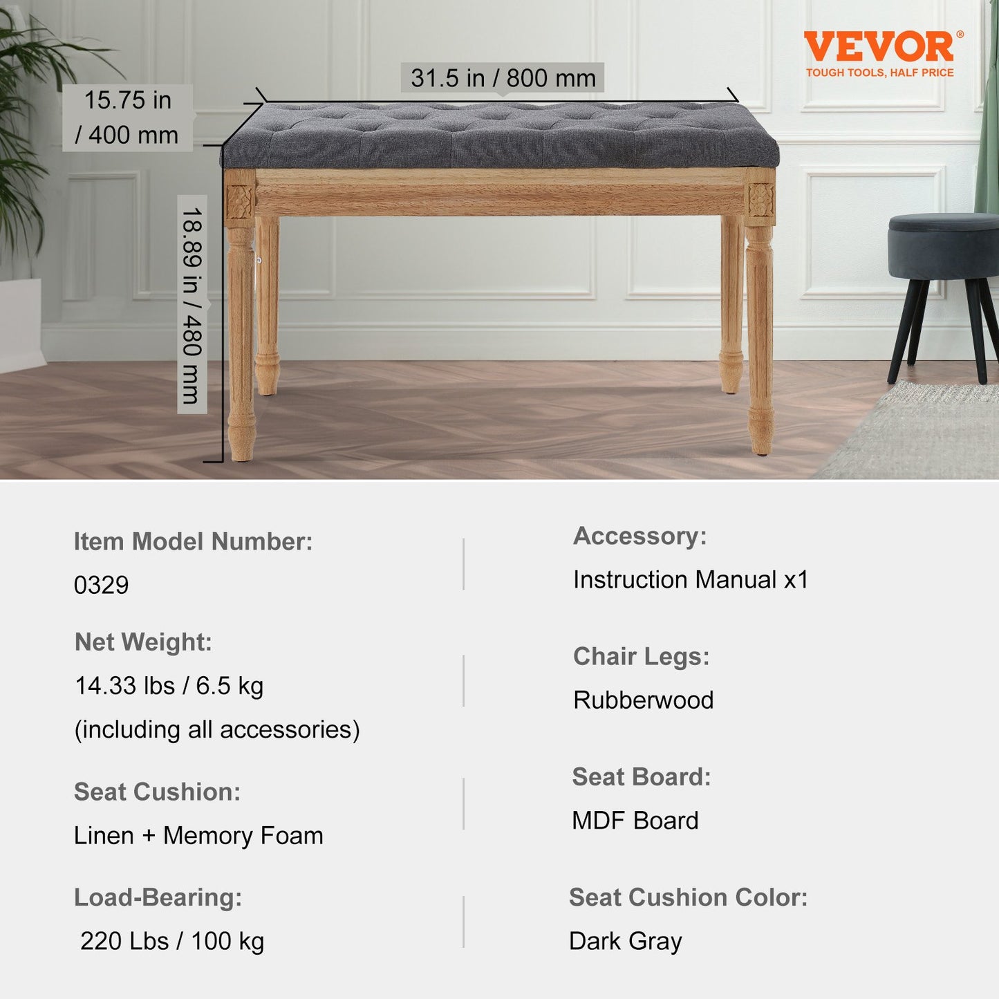 Gepolsterte Hockerbank, 40 cm breit, mit Schaumstoffpolsterung und Beinen aus Gummibaumholz, gepolsterter Fußhocker, Eingangsbereichbank für Esszimmer, Wohnzimmer, Schlafzimmer, Flur, Grau