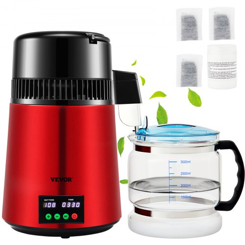 4 L Water Distiller, 1 L/H, 750W Distilled Water Maker Machine with 0-99 H Timing Setting Temp Display, 304 Stainless Steel Countertop Distiller Glass Carafe Cleaning Powder 3 Carbon Packs, Red
