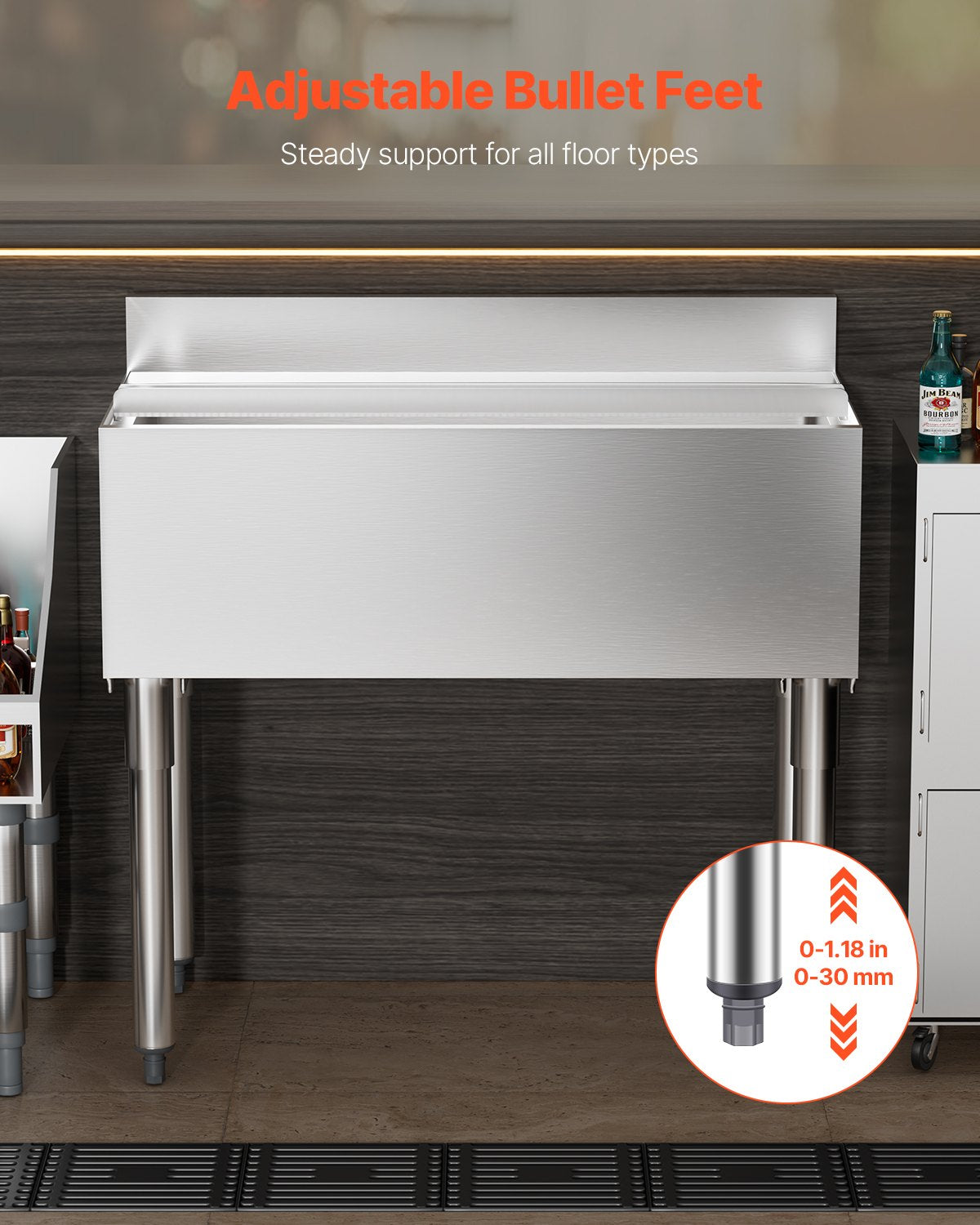 Commercial Ice Bin, 95.3 L Underbar Ice Bin, 35.9 x 19 x 37 in Stainless Steel Ice Chest with Sliding Lid, Bottle Holders, and Adjustable Bullet Feet, Cocktail Unit for Bars, Restaurants, Pubs