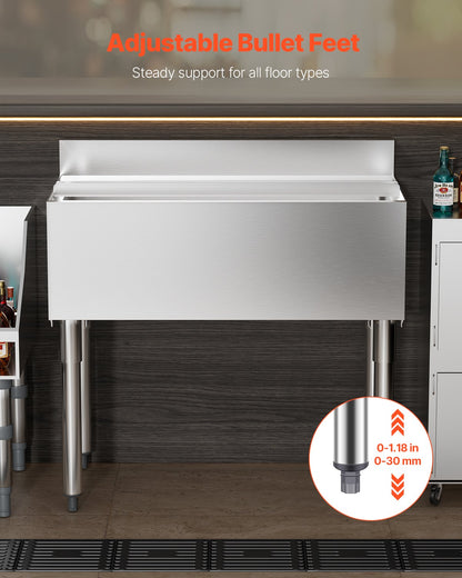 Commercial Ice Bin, 95.3 L Underbar Ice Bin, 35.9 x 19 x 37 in Stainless Steel Ice Chest with Sliding Lid, Bottle Holders, and Adjustable Bullet Feet, Cocktail Unit for Bars, Restaurants, Pubs