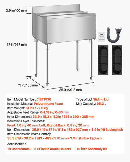 Commercial Ice Bin, 95.3 L Underbar Ice Bin, 35.9 x 19 x 37 in Stainless Steel Ice Chest with Sliding Lid, Bottle Holders, and Adjustable Bullet Feet, Cocktail Unit for Bars, Restaurants, Pubs