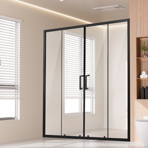 Semi-frameless Shower Door, 57.8-59" W x 70" H, Double Sliding Glass Door with 1/4"(6mm) Clear Tempered Glass, Waterproof Shatterproof Stain-Resistant with Stainless Steel Hardware, Matte Black
