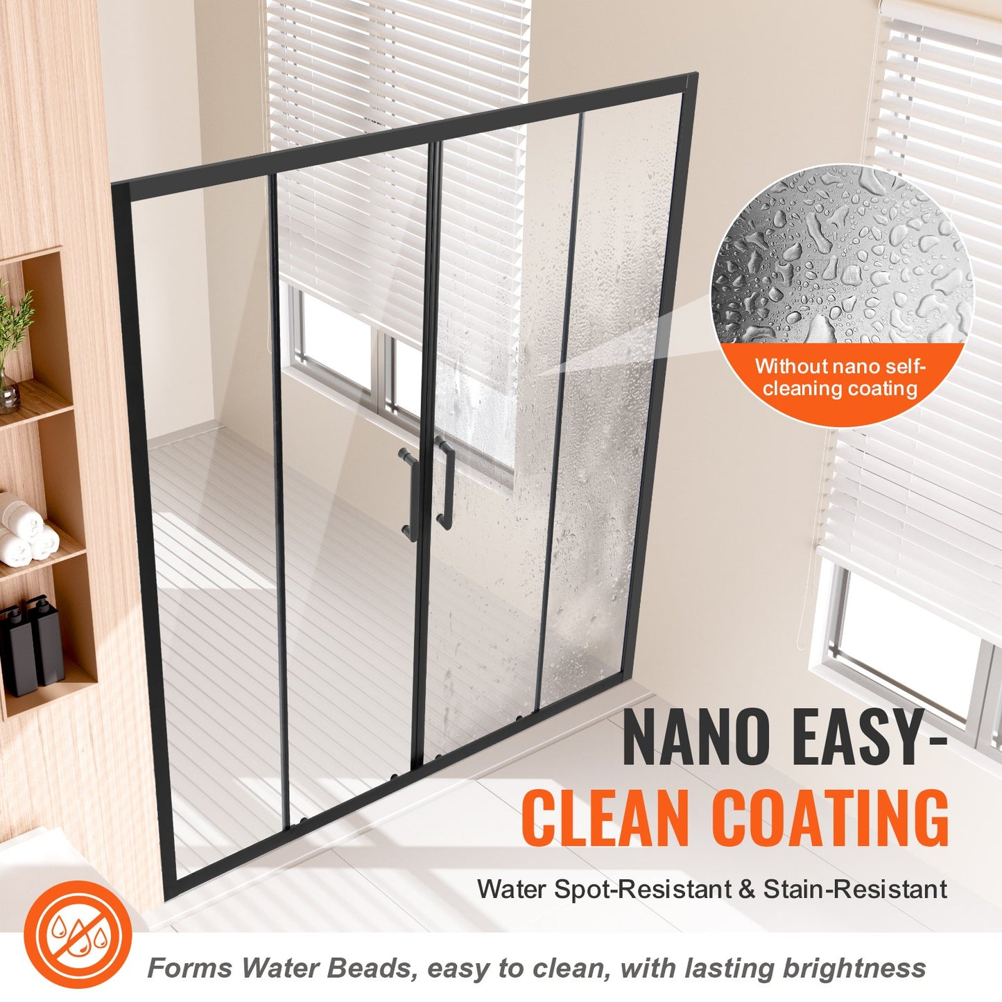 Semi-frameless Shower Door, 57.8-59" W x 70" H, Double Sliding Glass Door with 1/4"(6mm) Clear Tempered Glass, Waterproof Shatterproof Stain-Resistant with Stainless Steel Hardware, Matte Black
