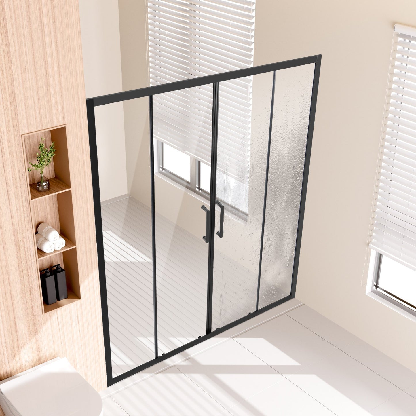 Semi-frameless Shower Door, 57.8-59" W x 70" H, Double Sliding Glass Door with 1/4"(6mm) Clear Tempered Glass, Waterproof Shatterproof Stain-Resistant with Stainless Steel Hardware, Matte Black