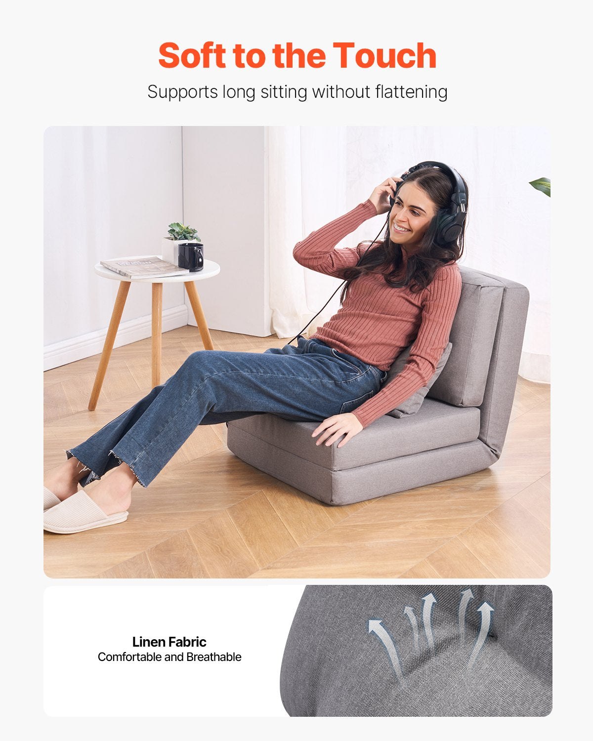 Convertible Flip Chair, 5-Position Adjustable Floor Lazy Sofa, Folding Upholstered Couch Bed with Adjustable Backrest Metal Frame and Pillow, Folding Sofa Bed Chair for Living Room Bedroom, Gray