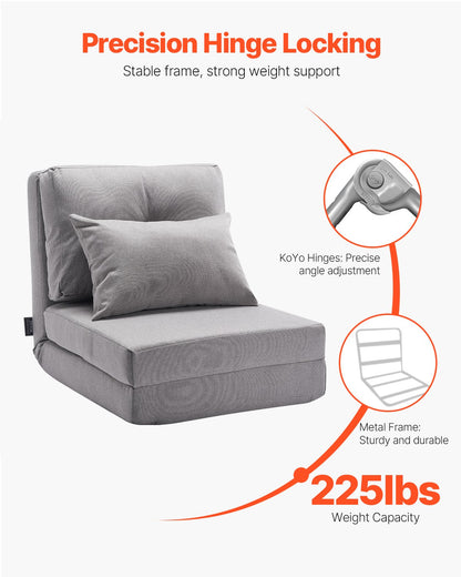 Convertible Flip Chair, 5-Position Adjustable Floor Lazy Sofa, Folding Upholstered Couch Bed with Adjustable Backrest Metal Frame and Pillow, Folding Sofa Bed Chair for Living Room Bedroom, Gray