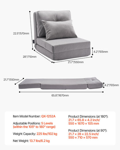 Convertible Flip Chair, 5-Position Adjustable Floor Lazy Sofa, Folding Upholstered Couch Bed with Adjustable Backrest Metal Frame and Pillow, Folding Sofa Bed Chair for Living Room Bedroom, Gray