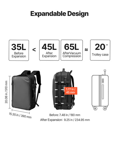 Vacuum Travel Backpack, 65L, Expandable Vacuum Seal Compression Travel Backpack with Pump, with TSA-Approved Lock, Airback Vacpack, Water-Resistant Carry-On Suitcase Luggage, for Business, Gray