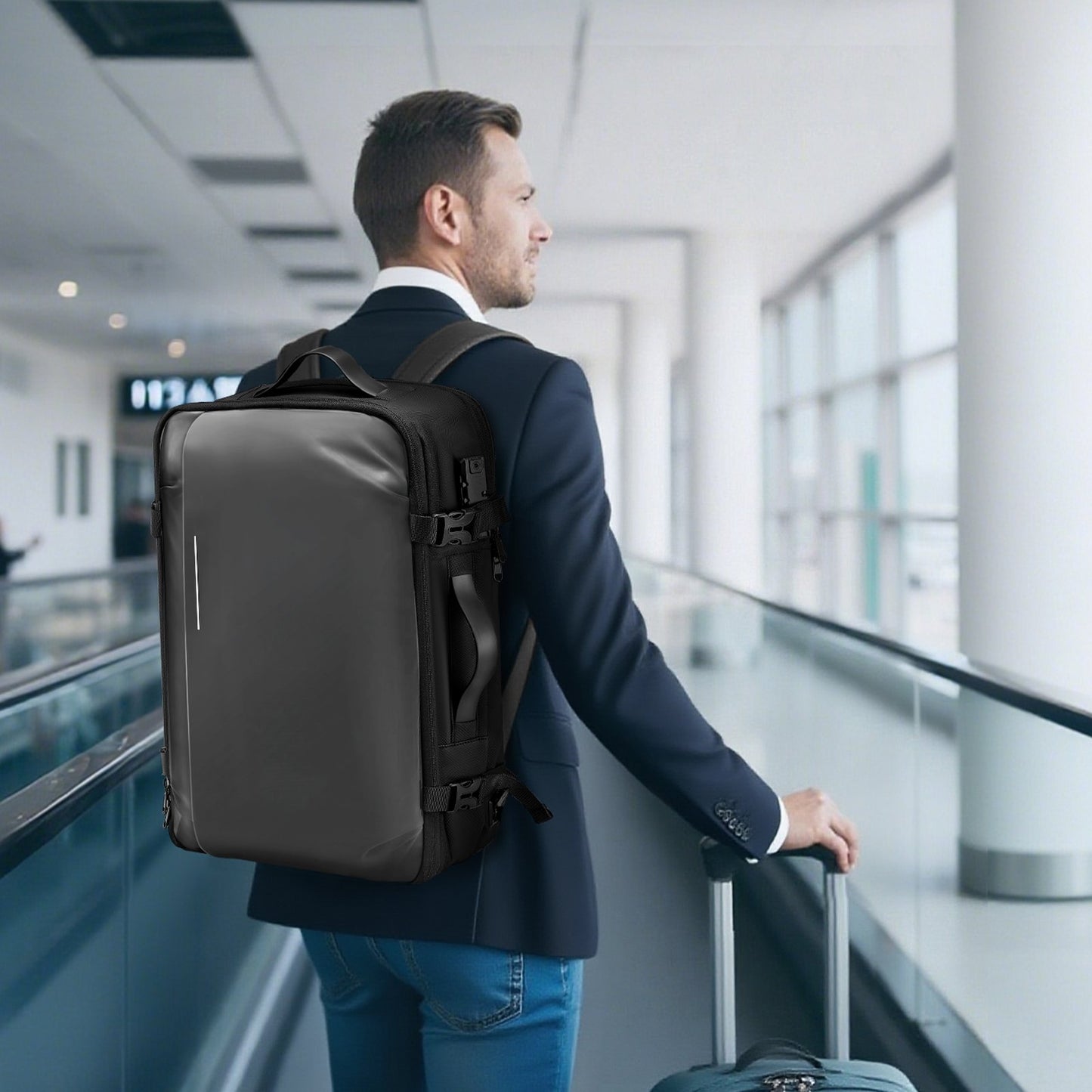 Vacuum Travel Backpack, 65L, Expandable Vacuum Seal Compression Travel Backpack with Pump, with TSA-Approved Lock, Airback Vacpack, Water-Resistant Carry-On Suitcase Luggage, for Business, Gray