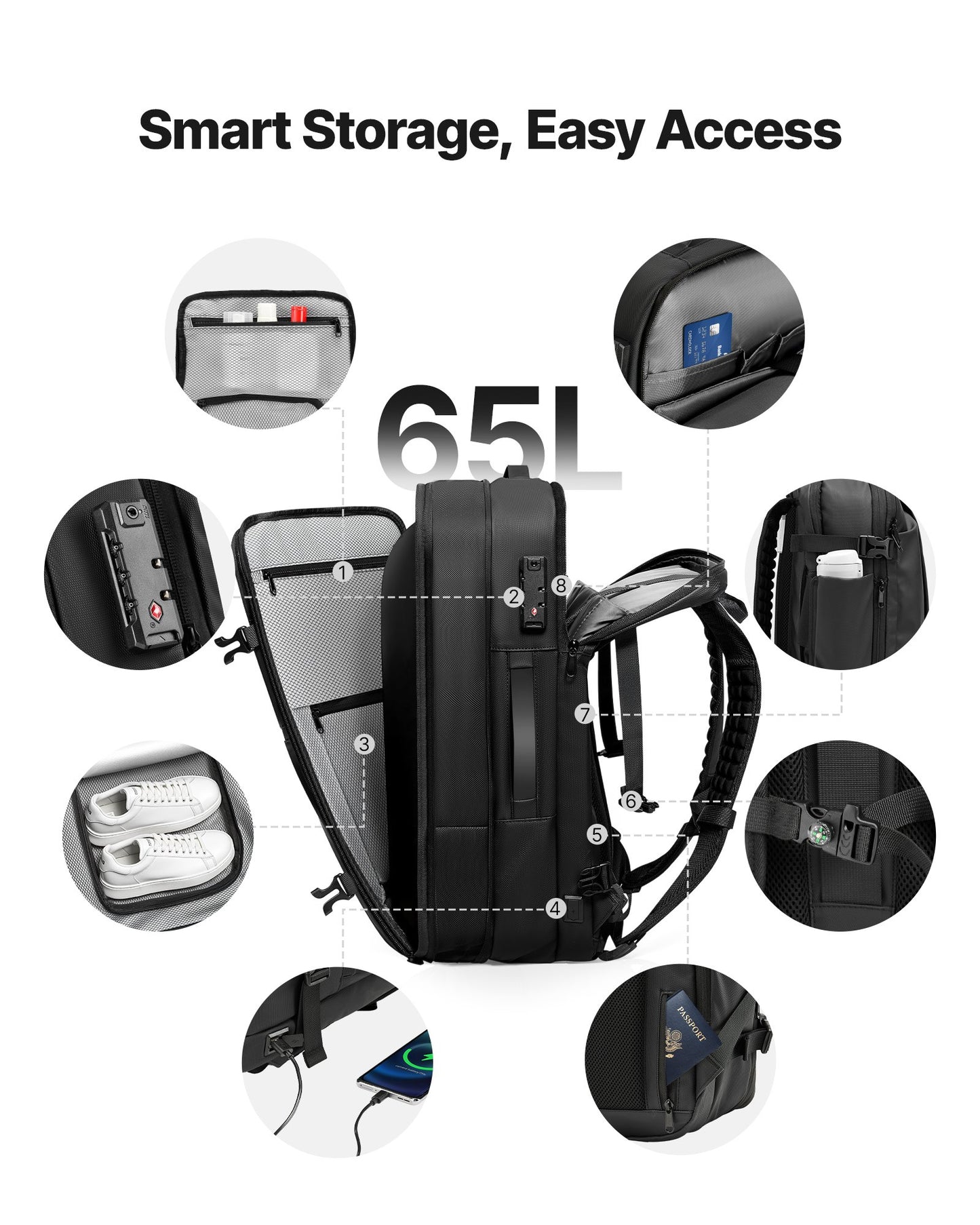 Vacuum Travel Backpack, 65L, Expandable Vacuum Seal Compression Travel Backpack, with TSA-Approved Lock, Multiple Pockets Compartments, Water-Resistant Carry-On Suitcase Luggage, No Pump, Black