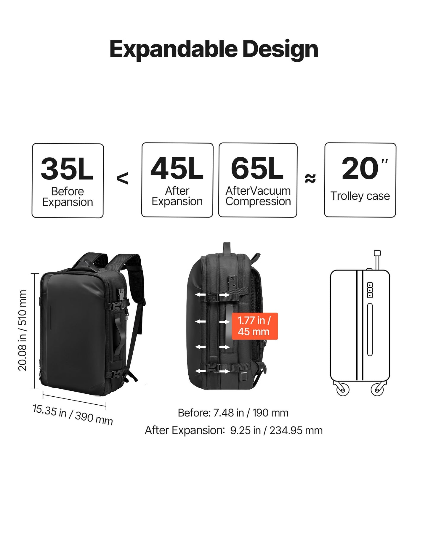 Vacuum Travel Backpack, 65L, Expandable Vacuum Seal Compression Travel Backpack, with TSA-Approved Lock, Multiple Pockets Compartments, Water-Resistant Carry-On Suitcase Luggage, No Pump, Black
