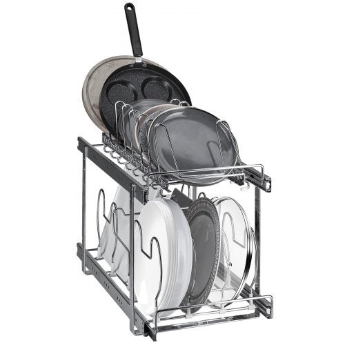 Pan and Pot Rack, 2-Tier Expandable Pull Out Under Cabinet Organizer, Cookie Sheet Baking Pans Tray Racks, Adjustable Wire Dividers, Steel Lid Holder for Kitchen Cabinet & Pantry Storage, 12"W