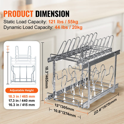 Pan and Pot Rack, 2-Tier Expandable Pull Out Under Cabinet Organizer, Cookie Sheet Baking Pans Tray Racks, Adjustable Wire Dividers, Steel Lid Holder for Kitchen Cabinet & Pantry Storage, 12"W