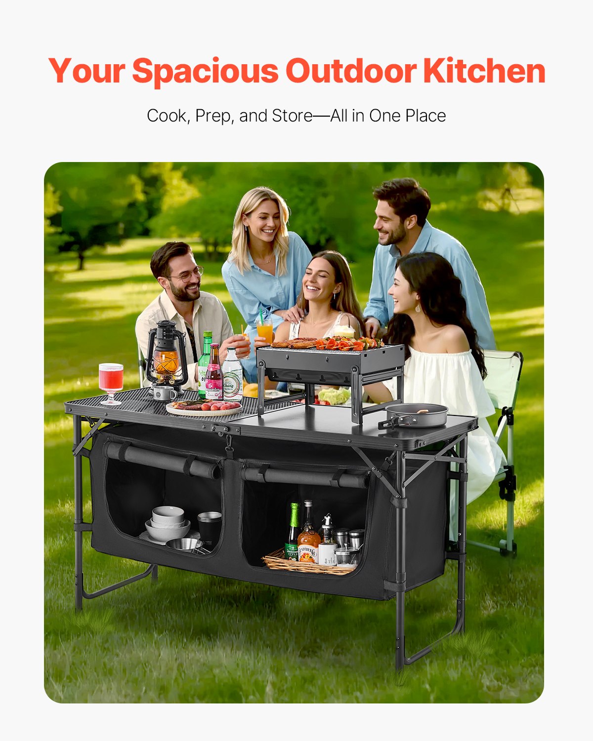 Camping Kitchen Table, Folding Outdoor Cooking Table, 3 Adjustable Heights, Aluminum Lightweight Portable Cook Station with Storage Organizer, Carry Handle, for BBQ Party Picnic RV Travel, Black