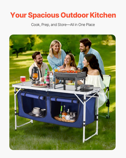 Camping Kitchen Table, Folding Outdoor Cooking Table, 3 Adjustable Height, Aluminum Lightweight Portable Cook Station with Storage Organizer, Carry Handle, for BBQ Party Picnic RV Travel, Blue