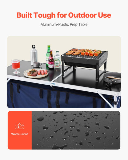 Camping Kitchen Table, Folding Outdoor Cooking Table, 3 Adjustable Height, Aluminum Lightweight Portable Cook Station with Storage Organizer, Carry Handle, for BBQ Party Picnic RV Travel, Blue