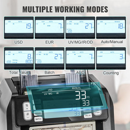 Money Counter Machine, Bill Counter with UV, MG, IR and DD Counterfeit Detection, USD & EUR Cash Counting Machine with Add and Batch Modes, Large LCD & External Display
