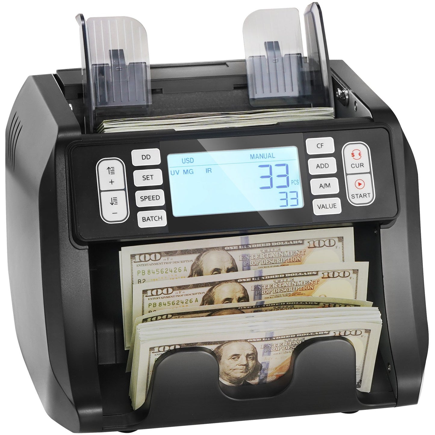 Money Counter Machine, Bill Counter with UV, MG, IR and DD Counterfeit Detection, USD & EUR Cash Counting Machine with Add and Batch Modes, Large LCD & External Display