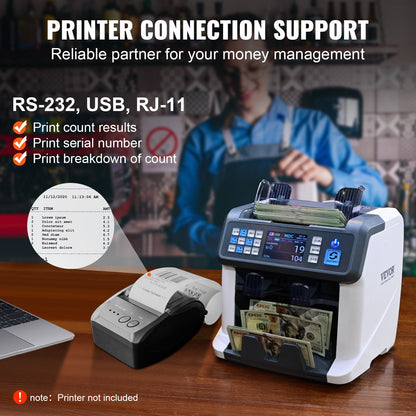 Money Counter Machine, Bill Counter with Mixed Denomination, 2CIS, SN, UV, IR, MG, DD Counterfeit Detection, Multi Currency, Value Counting Cash Counter and Sorter, Printer Enabled